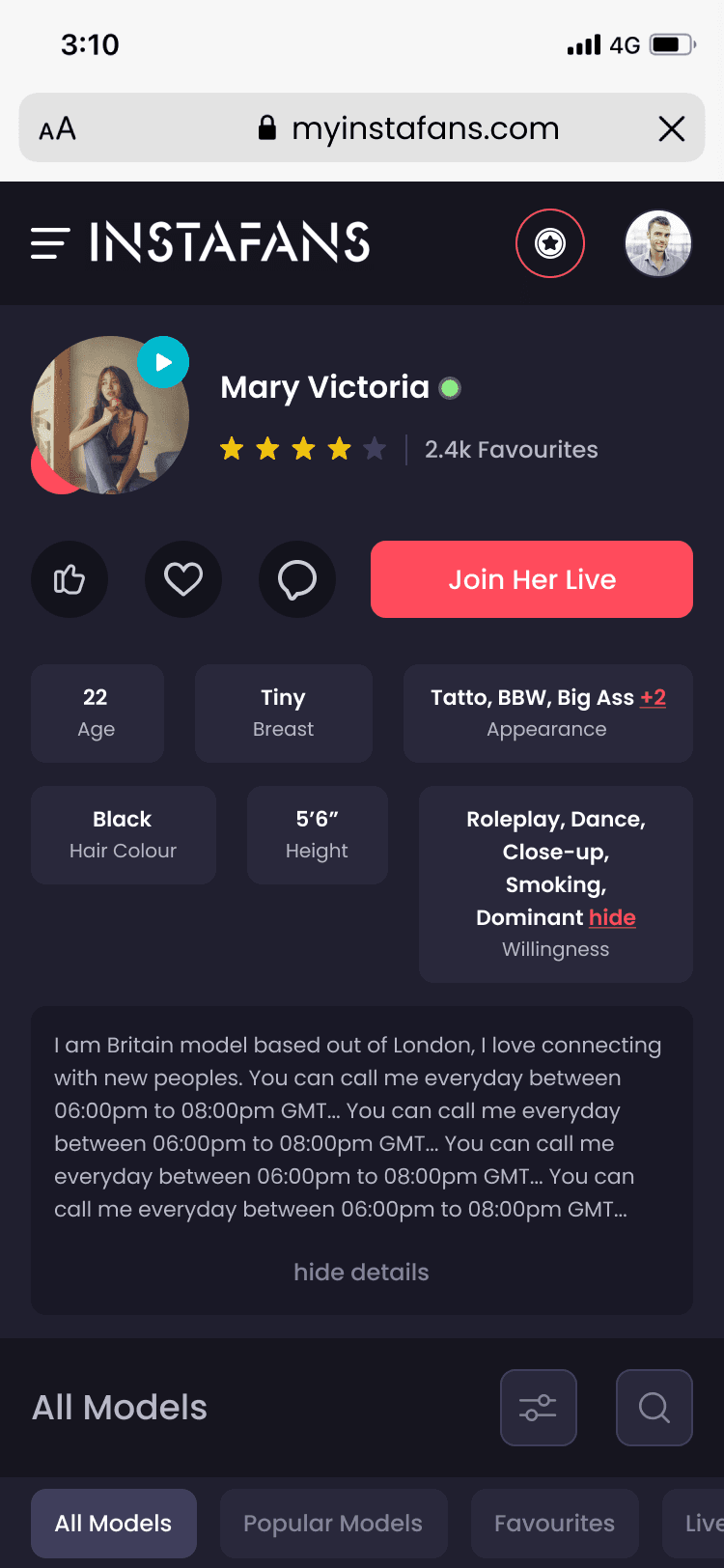 Models profile page (Grid view)